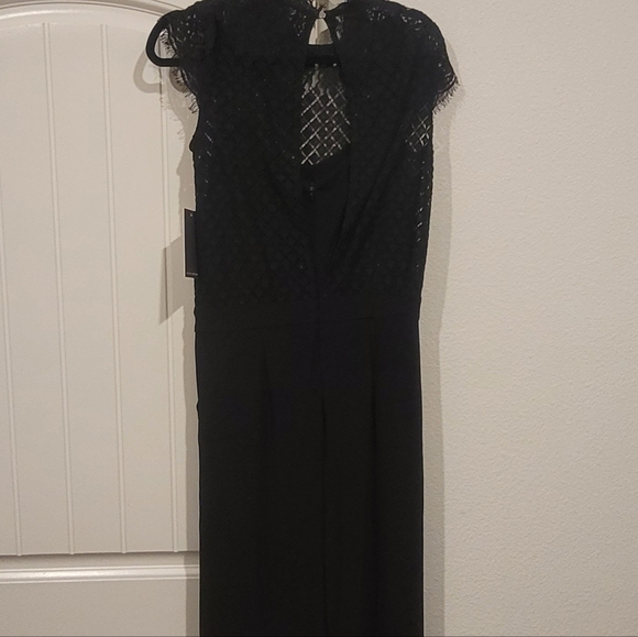 Julia Jordan Black Lace Blouson Jumpsuit Straight Wide Leg Illusion Neck - Picture 3 of 11